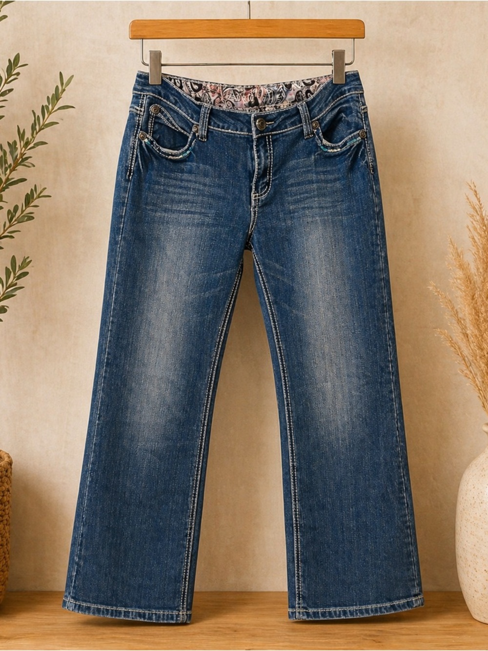 Adiktd Embroidered Pocket Jeans Bootcut Stretch Blue Denim Size 16